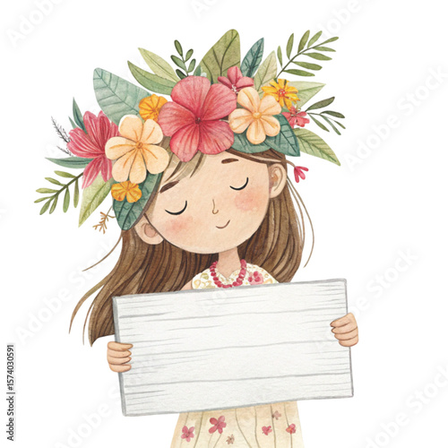 Cute girl wearing a flower crown  standing holding a white wooden sign Blank Clipart watercolor 
