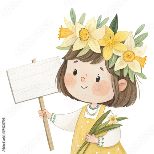 Cute girl wearing a flower crown  standing holding a white wooden sign Blank Clipart watercolor 