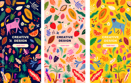 Vector colorful illustration with tropical fruits, leaves, monkey. Brazil tropical pattern.