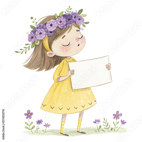 Cute girl wearing a flower crown  standing holding a white wooden sign Blank Clipart watercolor 