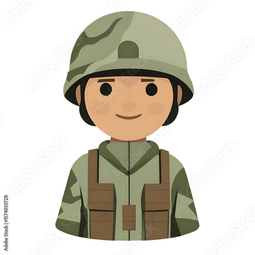 A friendly flat design bust icon of a soldier in a camouflage helmet and uniform - AI Generated