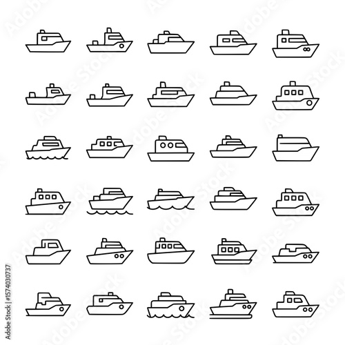 Set of yacht and boat outline icons. Various marine vessels, cruise ships, and water transport symbols. Ocean travel.