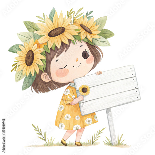 Cute girl wearing a flower crown  standing holding a white wooden sign Blank Clipart watercolor 