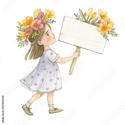 Cute girl wearing a flower crown  standing holding a white wooden sign Blank Clipart watercolor 