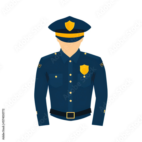 A modern flat design icon of a police officer in uniform with a hat and gold badge - AI Generated