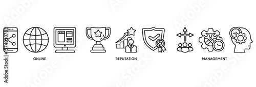 ORM icon set vector illustration concept relate to online reputation management with icon of internet, browser, winner, trust, favorite, and business