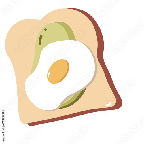 Toast with Fried Egg and avocado Cartoon Style