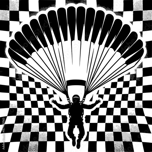 Silhouette of a Skydiver in Dynamic Descent: A striking silhouette captures a skydiver suspended beneath a parachute, set against a dynamic checkered backdrop, evoking a sense of freedom, courage.