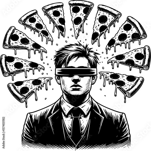 Pizza Dream: A conceptual black and white illustration of a man with pizza slices, a striking visual that may relate food, thoughts and desire.