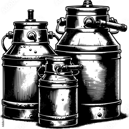 Vintage Milk Cans: A rustic monochrome depiction of three classic milk cans, each with its own unique form and character, evoking the charm of rural life and days gone by.