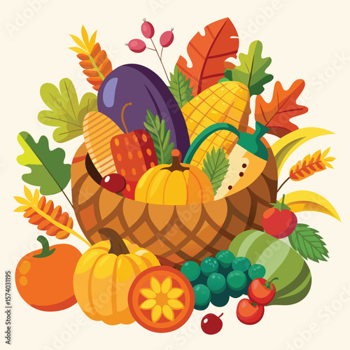 Autumn harvest still life: A vibrant illustration of pumpkins, fruits, and vegetables celebrating the season's bounty for Thanksgiving and Halloween