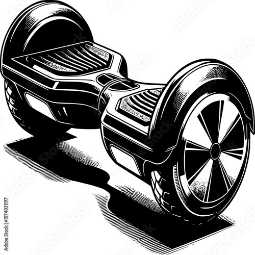 Hoverboard Illustration: A modern hoverboard depicted with sleek lines and intricate details in a black and white illustrative style.