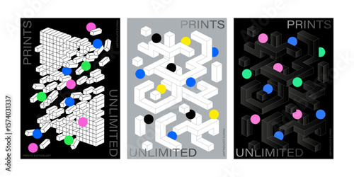 Geometric Maze & Cubes Poster Abstract Isometric Cube Layout with Colorful Dot Accents for Modern Art Prints square circle pattern color point black background unique poster flyer visual graphics