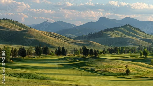 Lush Green Golf Course Surrounded by Rolling Hills and Majestic Mountains Under a Scenic Cloudy Sky