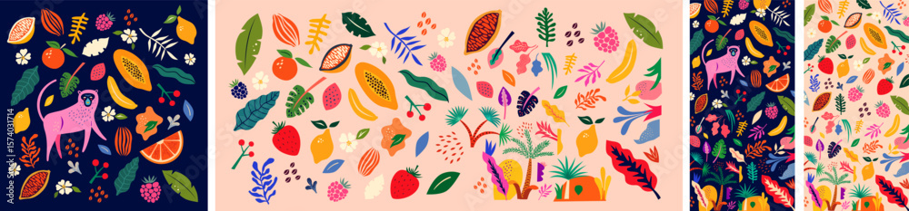Naklejka premium Exotic backgrounds. Vector colorful illustrations with tropical fruits, leaves, monkey. Brazil tropical pattern. 