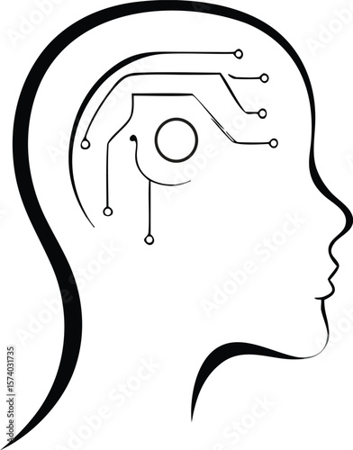 Human head profile with integrated circuit lines technology