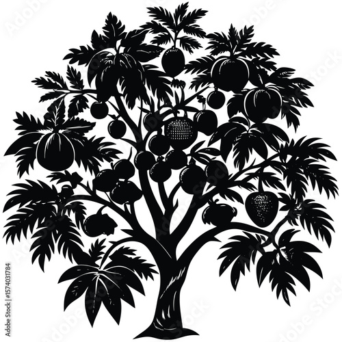 Black silhouette of a fruit tree with many ripe fruits