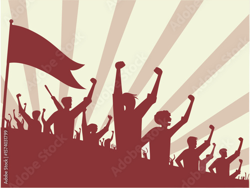Crowd raising fists with flag and sunburst background people