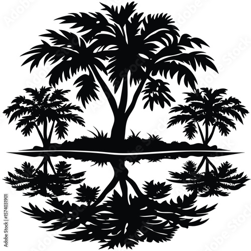 Symmetrical palm trees reflected in water silhouette