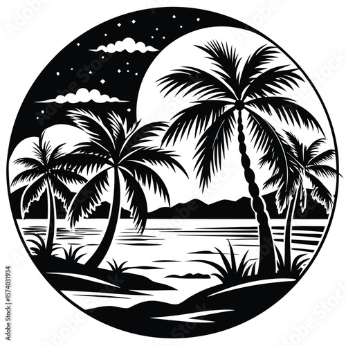 Tropical beach scene with palm trees and mountains silhouette