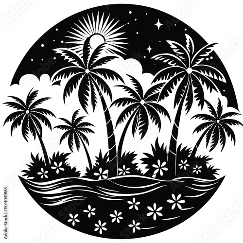 Tropical island scene with palm trees and sun silhouette