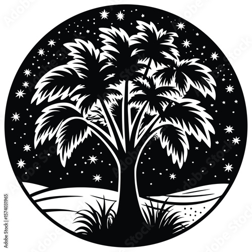 Tropical palm trees under a starry night sky silhouette