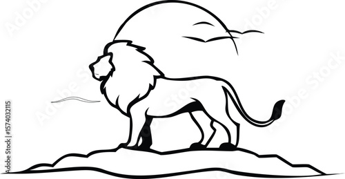 Majestic lion stands on rocky outcrop beneath curved horizon regal powerful