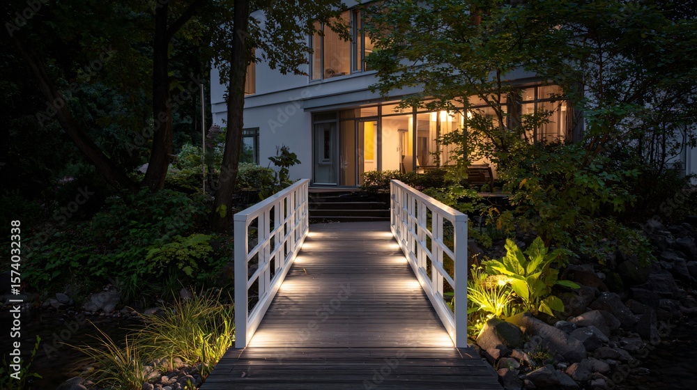 Small footbridge with solar lights leading to lush minimalist home Small footbridge with solar lights leading to lush minimalist home
