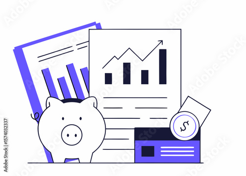 Financial Growth and Savings Illustration with Piggy Bank Charts Credit Card and Dollar Coin