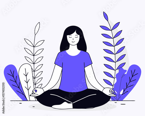Woman in Lotus Position Meditating in Nature for Relaxation and Mindfulness Illustration Concept