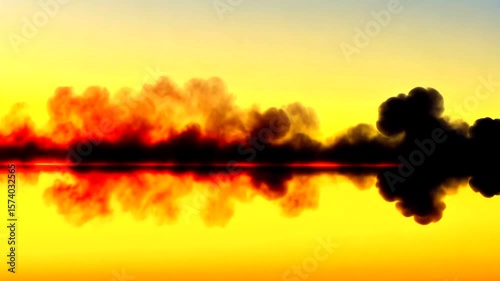 Fiery sunset clouds reflected in a golden lake