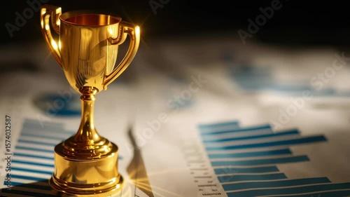 Golden trophy shining brightly on a table with business graphs and charts in a modern office setting
