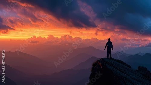 Silhouette of a Person Standing on a Rock Against a Vibrant Sunset Over Mountain Range Landscape