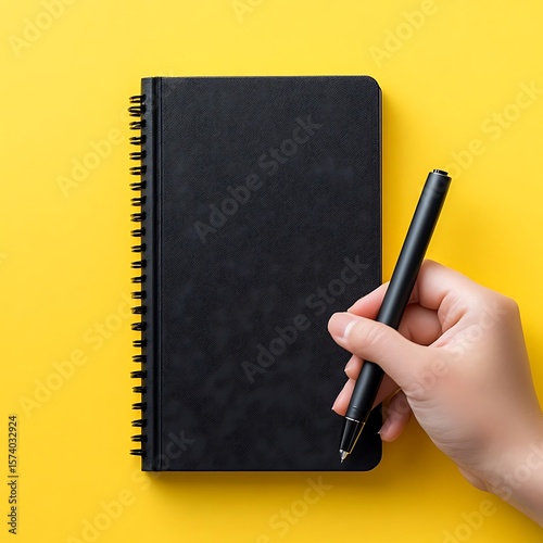 Black Notebook with Pen, and Yellow Background. (2)