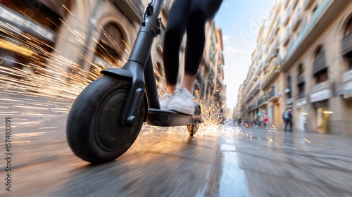 Person riding an electric scooter swiftly on a wet city street with sparks