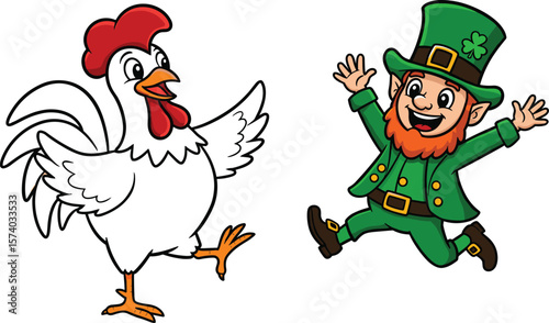 Cartoon chicken dancing, happy leprechaun jumping, St Patrick’s Day, vector illustration, mascot design, fun 