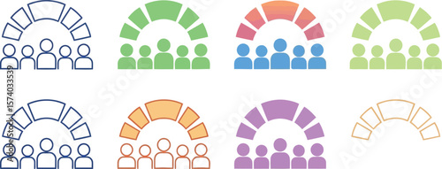 Illustrated groups of people with segmented arches above in various colors set