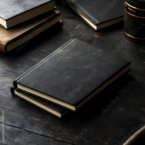 Dark Notebooks on Wooden Desk.