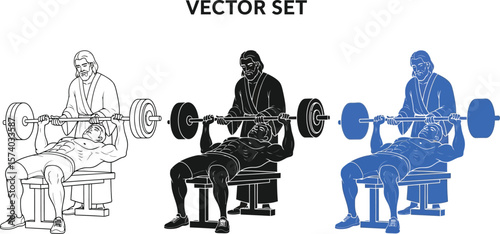 Vector set showing man bench pressing with jesus spotting in different colors