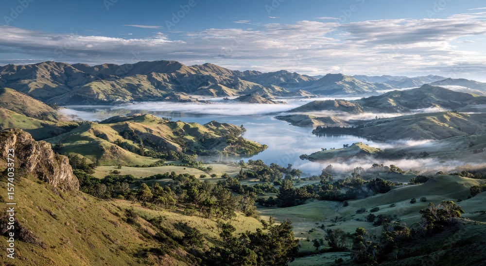 Obraz premium Valley lake view with morning fog and hills. Scenic travel background nature shot