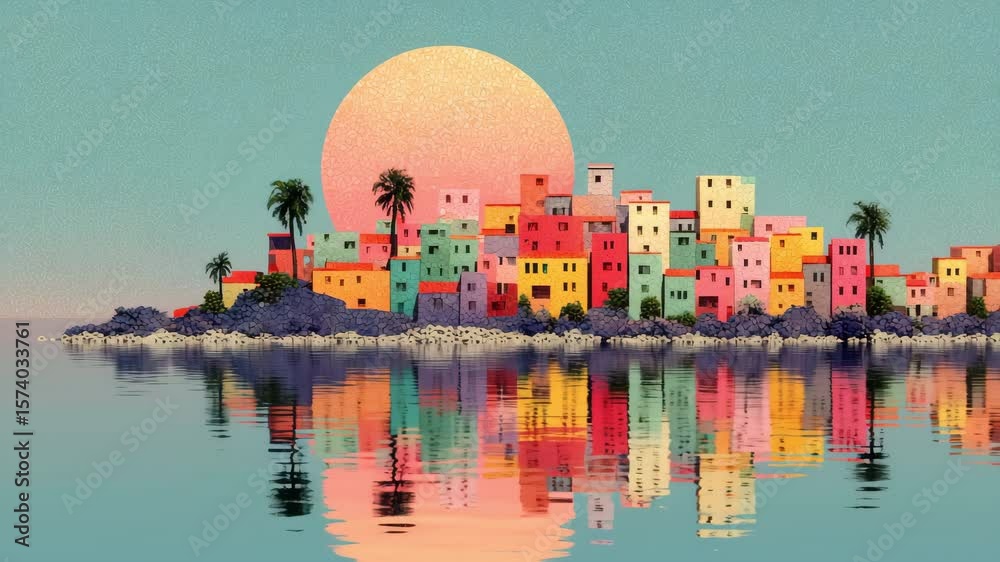 A vibrant retro beach scene featuring colorful houses reflecting on calm waters tracking to the right following the sun, evoking a serene, nostalgic mood reminiscent of summer sunsets