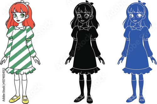Three cartoon girls standing side by side with different color variations shown