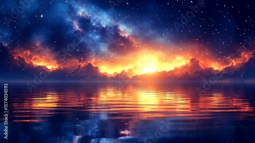Fiery sunset reflected in calm waters, starry night sky