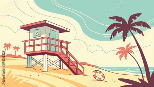 Lifeguard station with palm trees on a tropical beach during summer vacation