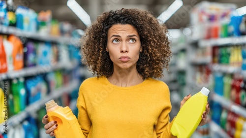 Customers concern service concept. Confused shopper deciding between two bottles in a colorful store aisle.