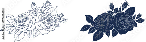 Two rose flower arrangements one in black outline and one in dark blue solid fill