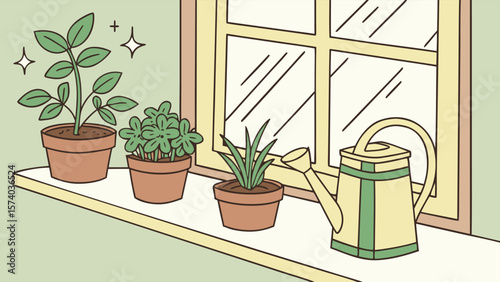 Plant and flowers in a decorative pot placed by the window indoors