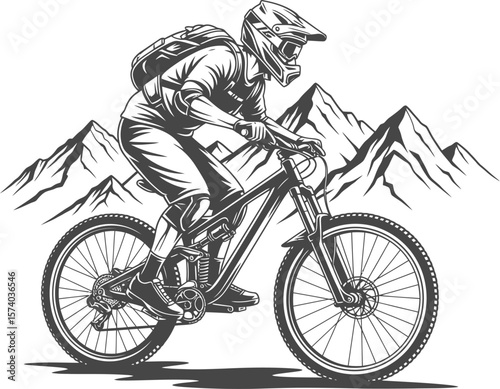 Mountain Biker Riding Vector - Silhouette & Line Art Illustration