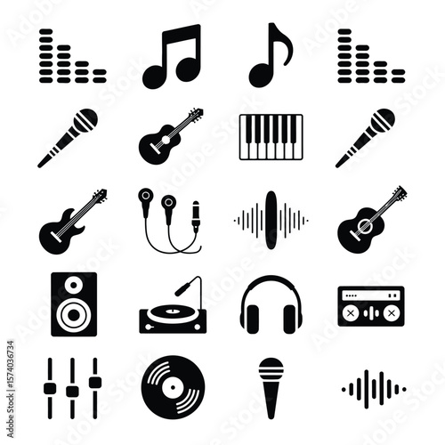 Black and White Music Icons Set on White Background