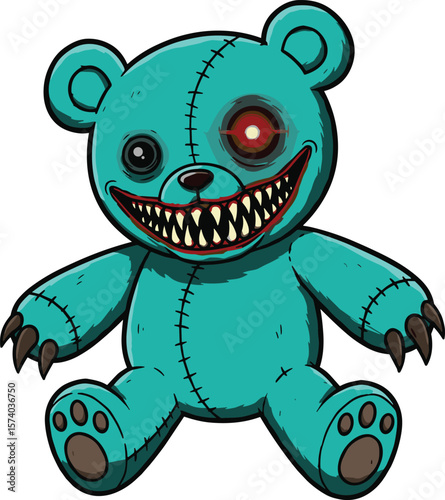 Scary horror teddy bear, creepy cartoon plush toy, evil grin, red eye, monster doll, spooky stitched stuffed animal illustration